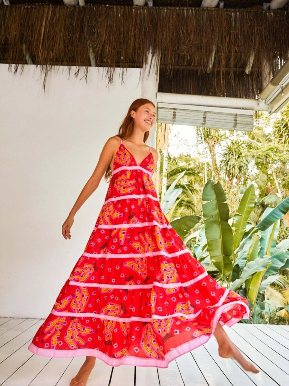 FARM Rio Red Bananas Tiered Maxi Dress Size Medium